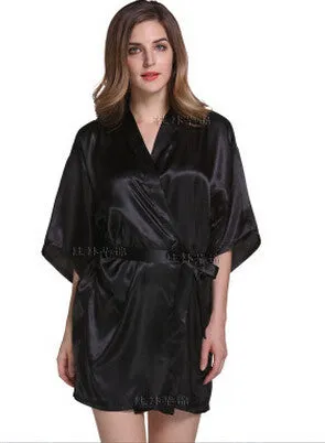 Women Silk Satin Short Night Robe Solid Kimono Robe Fashion