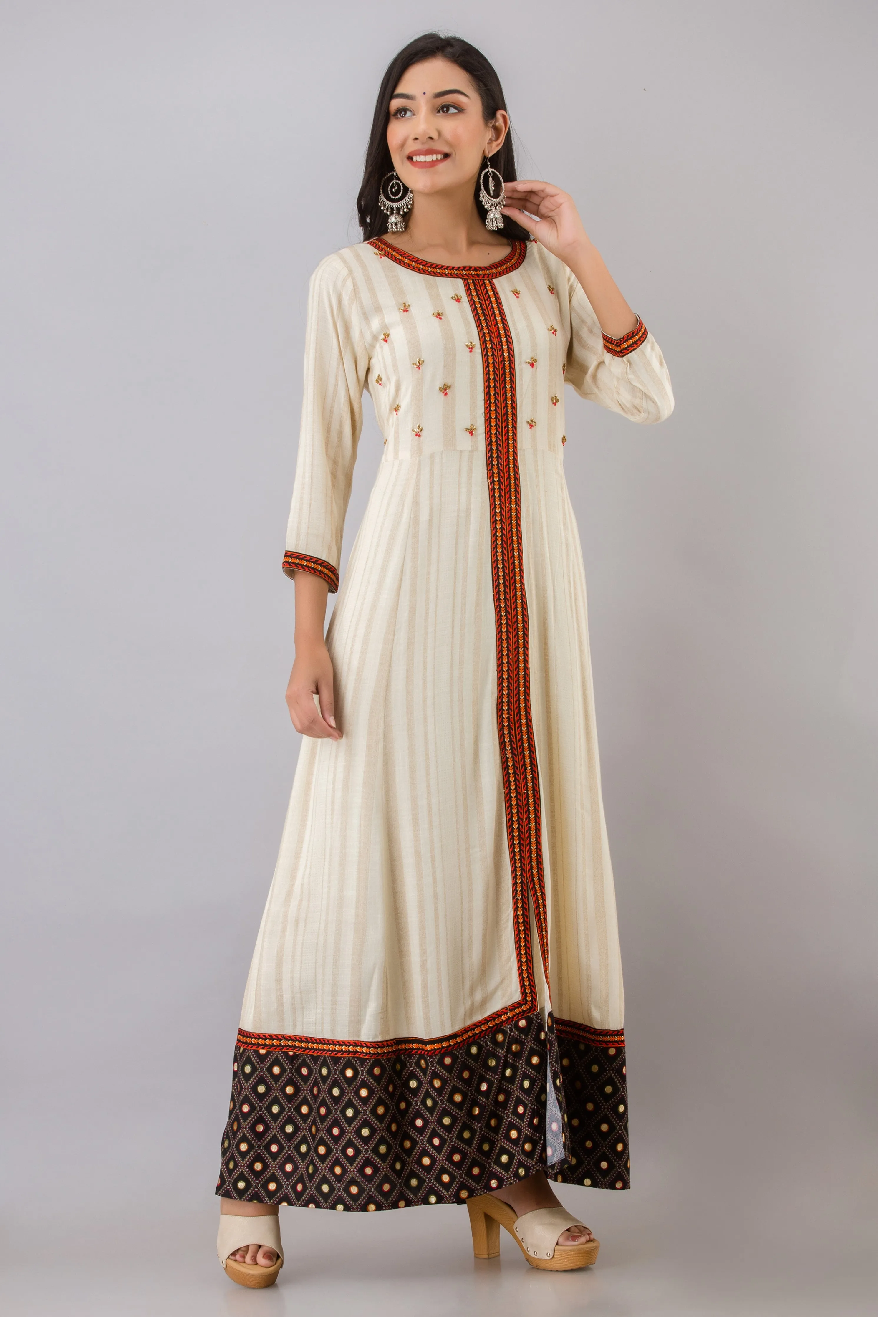Womens Beige Rayon A-line Dress Kurta