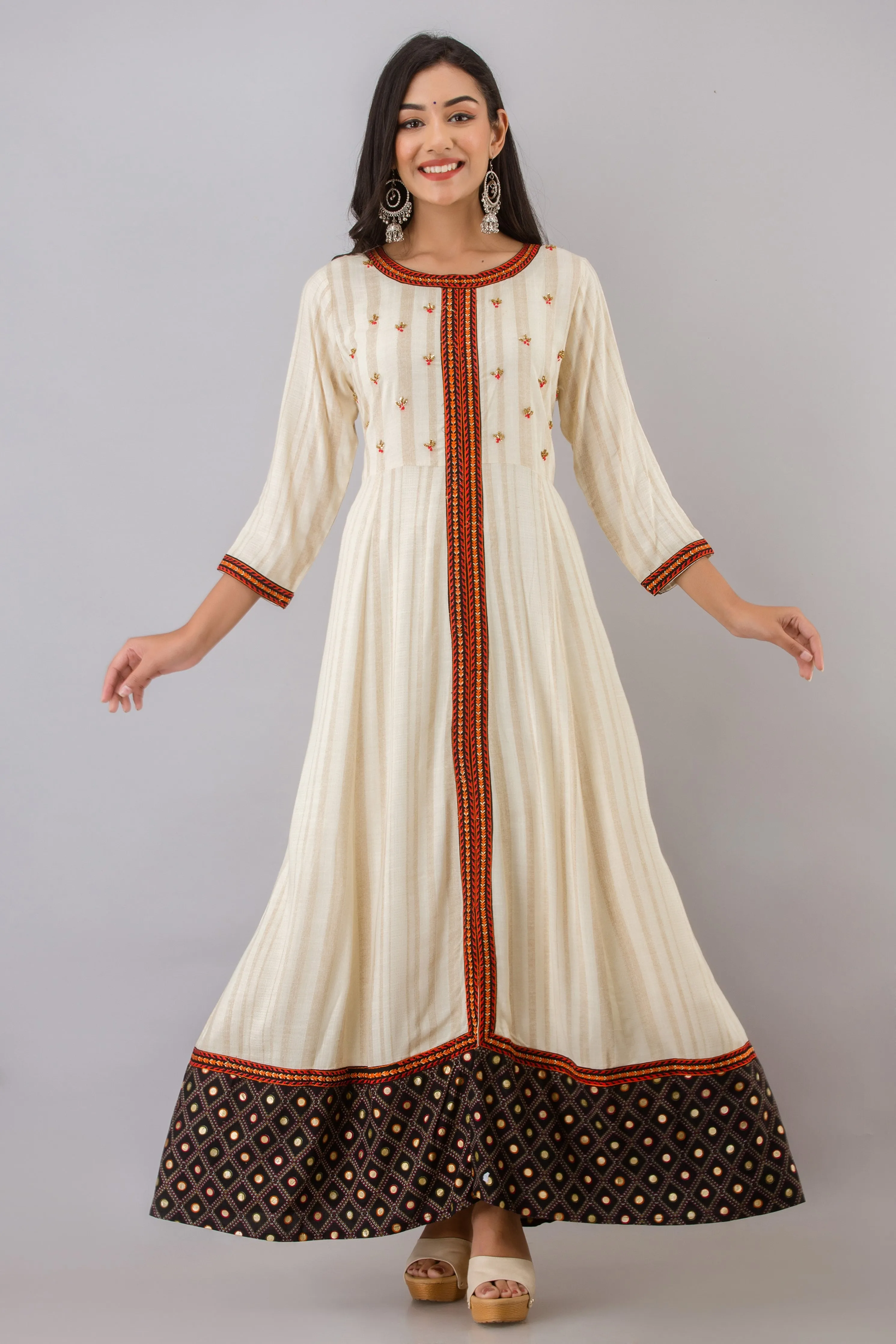 Womens Beige Rayon A-line Dress Kurta