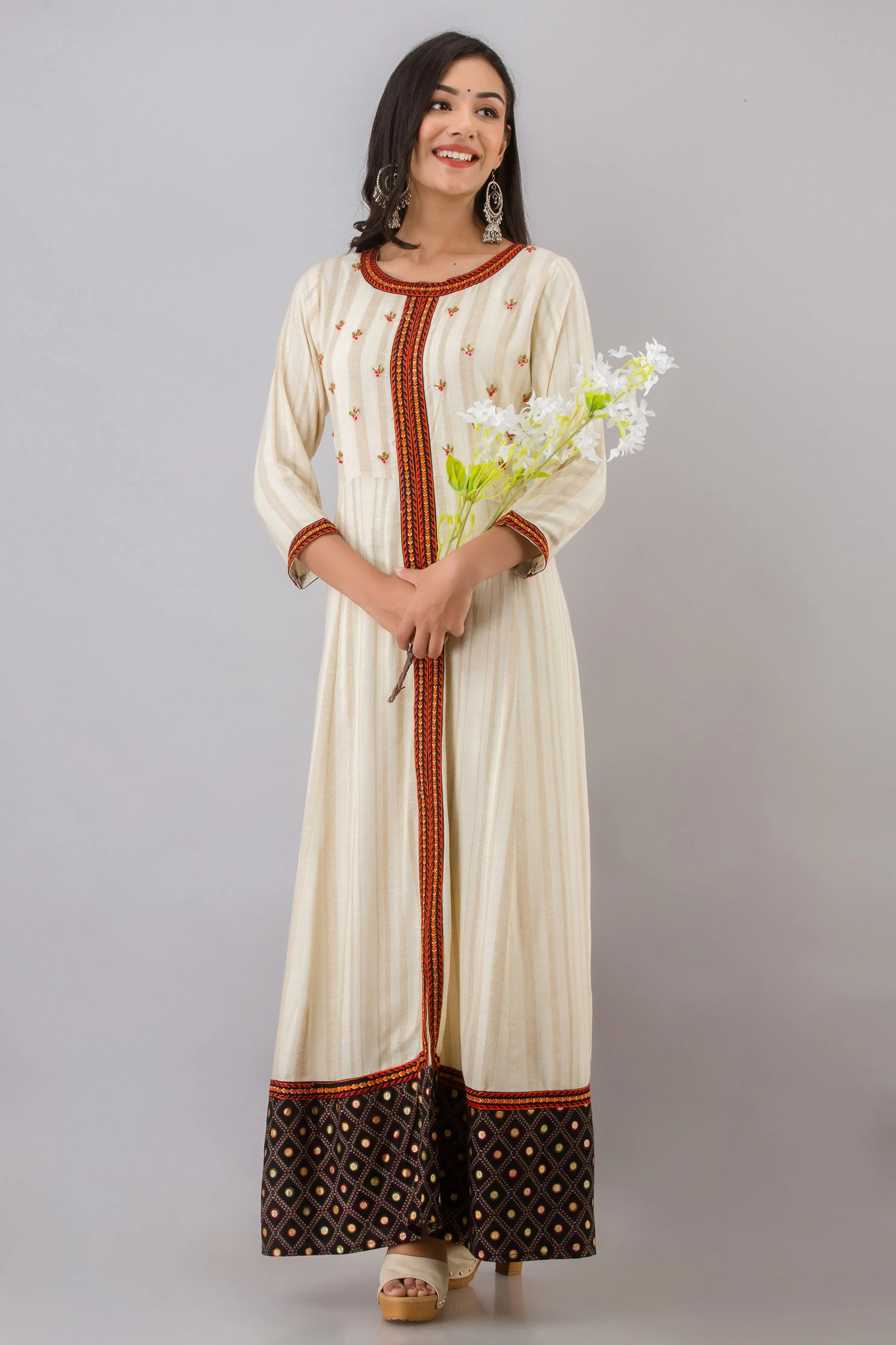 Womens Beige Rayon A-line Dress Kurta