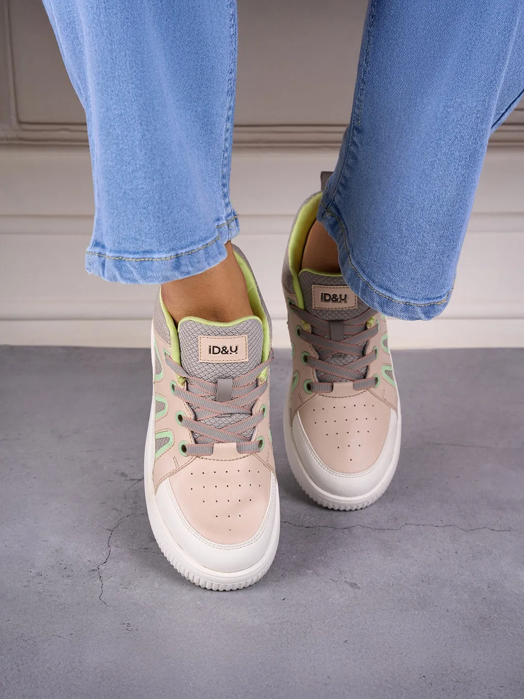 Women's Beige/Lime Platform Sneakers (IU1007)