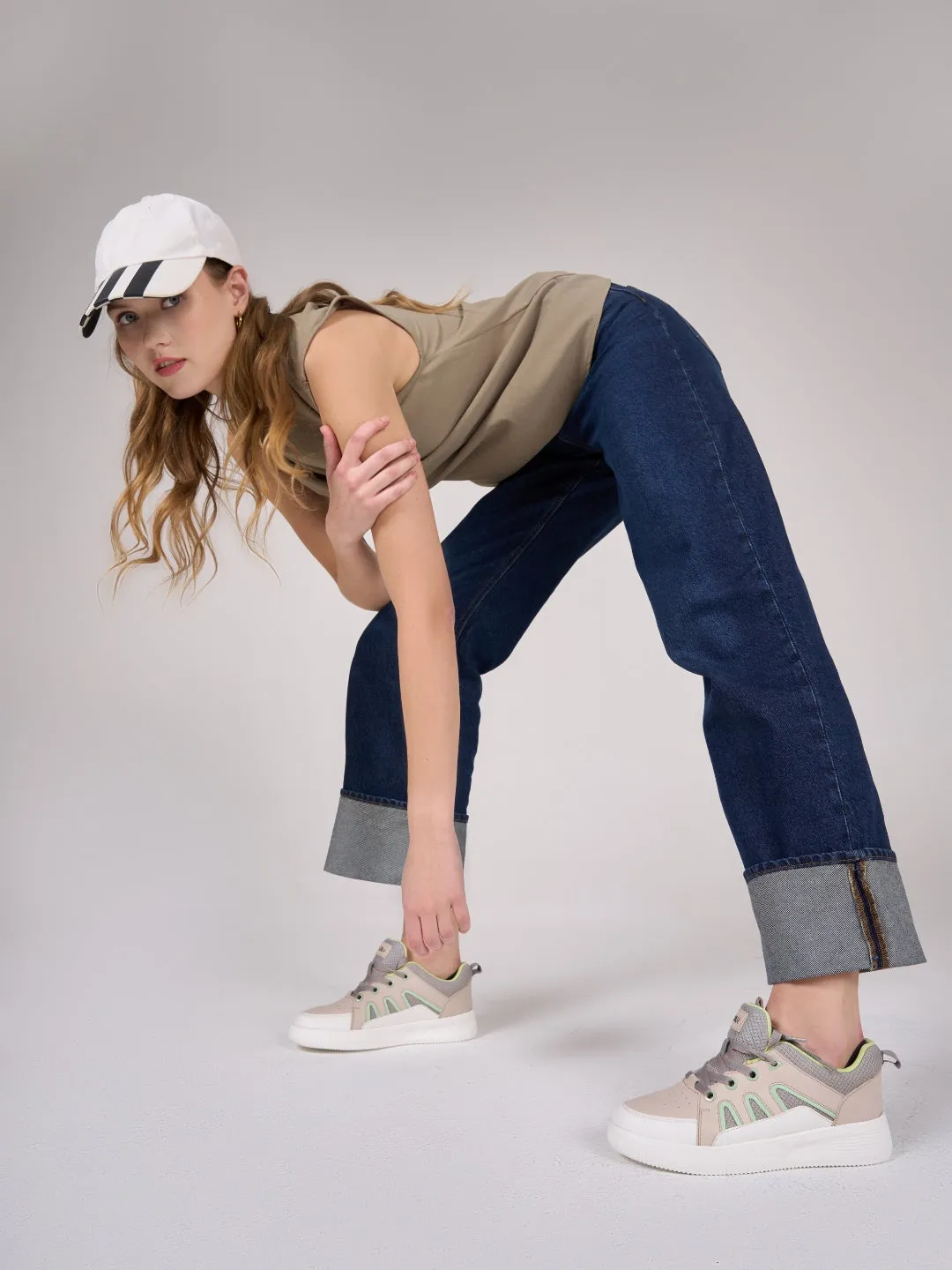 Women's Beige/Lime Platform Sneakers (IU1007)