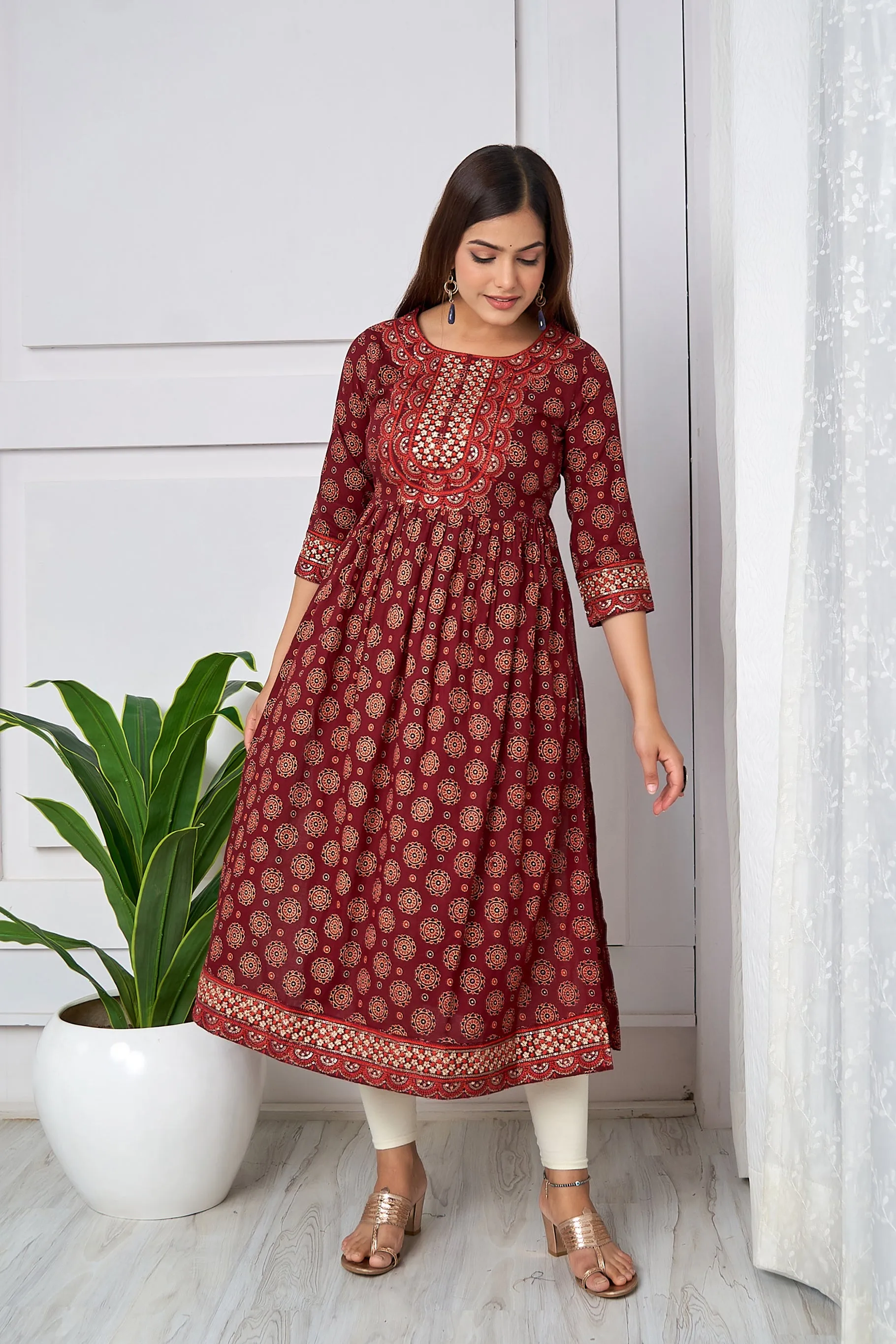 Womens Cotton Maroon Nyara Cut A-Line Kurta