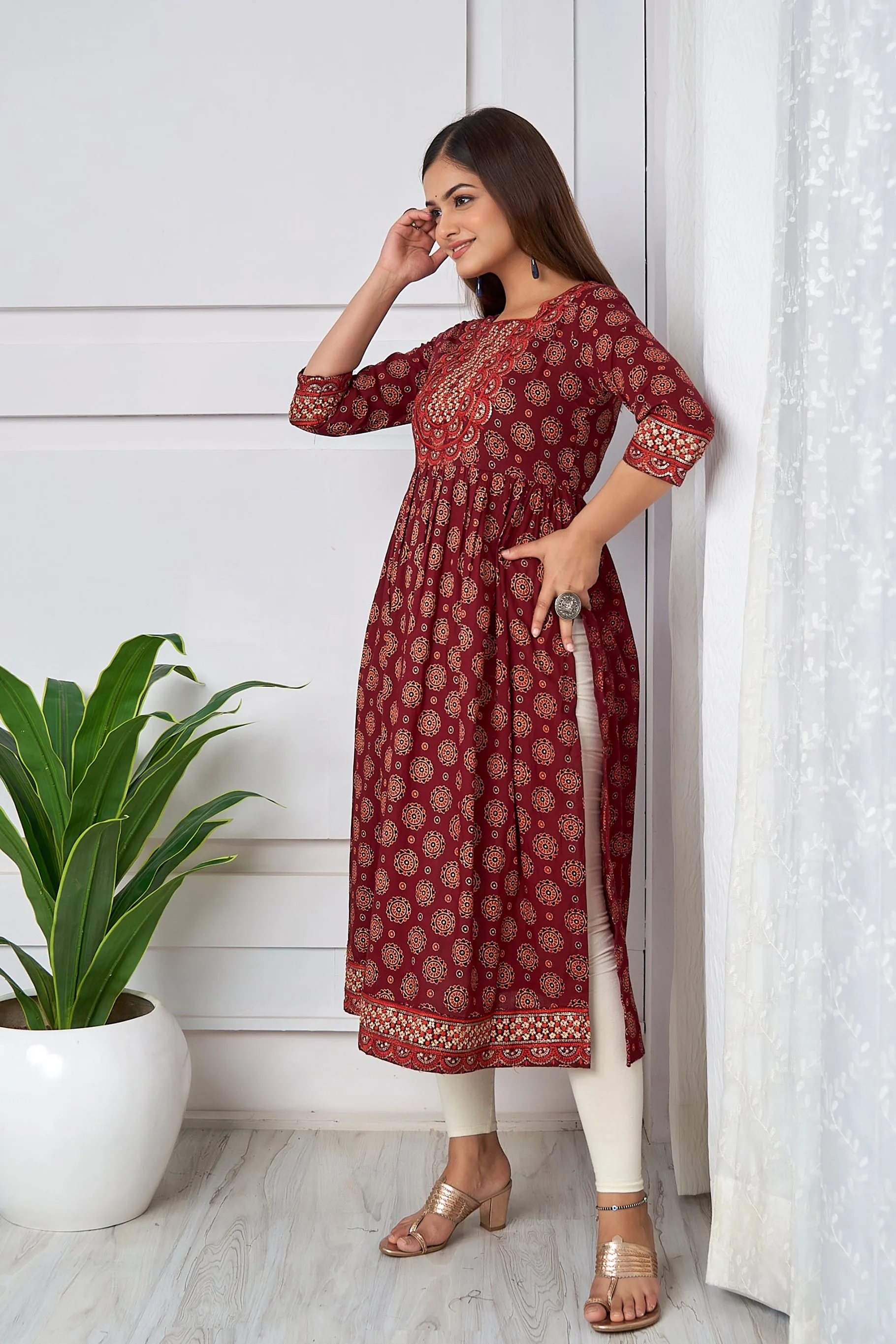 Womens Cotton Maroon Nyara Cut A-Line Kurta
