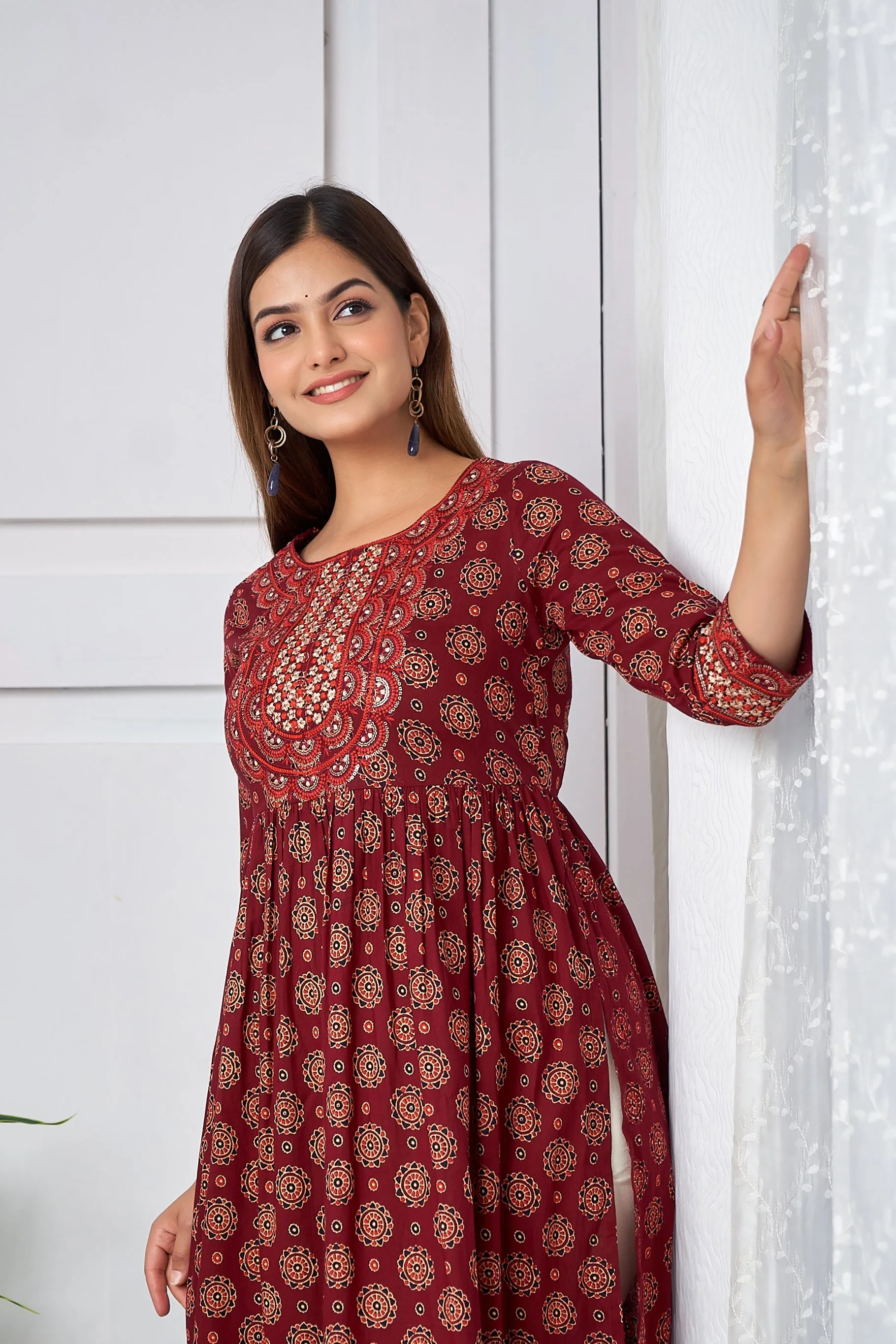 Womens Cotton Maroon Nyara Cut A-Line Kurta