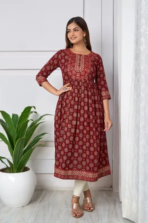 Womens Cotton Maroon Nyara Cut A-Line Kurta
